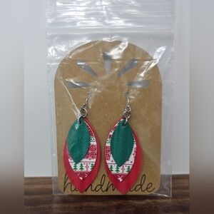 Handmade Womens Christmas Print Light Weight Faux Leather Triple Dangle Earrings